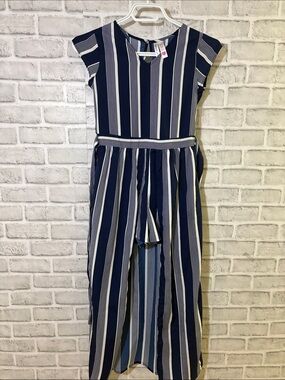 Japna kids Girls Navy and White Striped Jumpsuit shorts and cape dress size 10